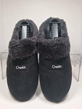 Cheeks Black Faux Fur Trim Slip-On Slippers Women's 8.5M Round Toe Flat, Sz8.5